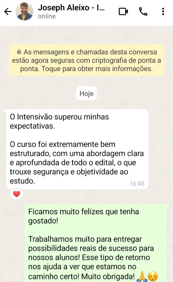 Depoimento de Joseph Aleixo: o Intensivão superou minhas expectativas. O curso foi extremamente bem estruturado, com uma abordagem clara e aprofundada de todo o edital, o que trouxe segurança e objetividade ao estudo.