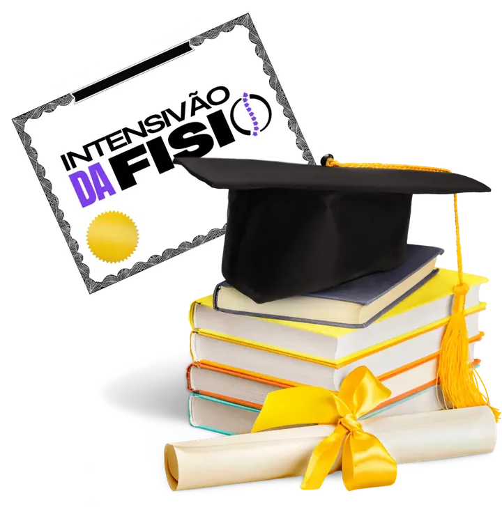 Certificado do Intensivão da Fisio com capelo de formatura e livros